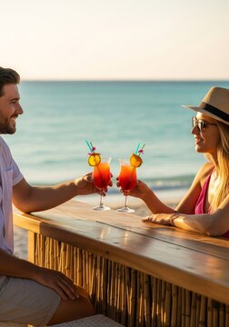 Couple Toasting Cocktails at Beach Bar with Clear Turquoise Waters