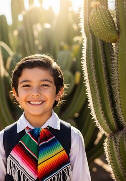 Smiling Boy Wearing Traditional Serape Standing by Cactus in Sunlight