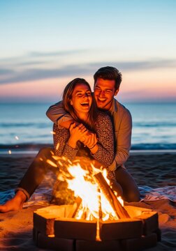 Happy Couple Embracing at Beach Bonfire Under Dusk Sky