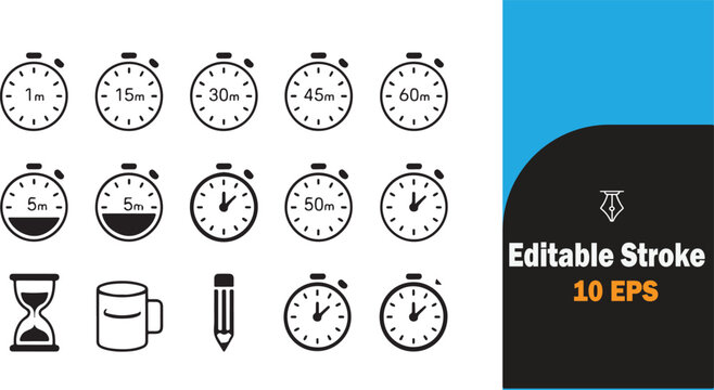 Set of editable vector clock and timer icons with various time intervals