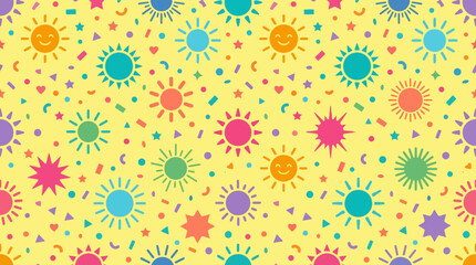 Vibrant decorative floral pattern with multicolored sunburst flowers on a yellow background. © Kyle