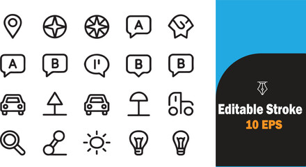 Fototapeta premium Set of editable stroke icons featuring location speech and vehicle symbols on transparent background