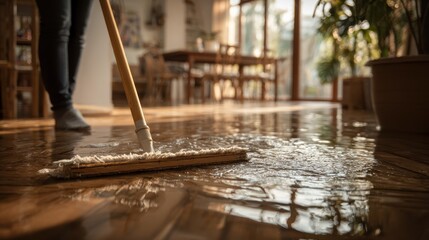 Person mopping flooded floor in home interior
