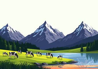 Lush mountain landscape vector illustration with cows grazing on green pastures by a calm reflective lake, serene nature scenery © Vector
