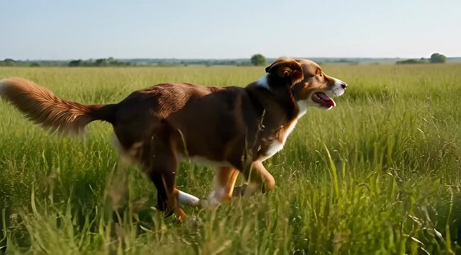 Brown and white Border Collie type dog running through a green meadow