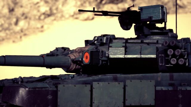 Patrol tank escorting convoy across sunbaked trail, antennae raised and defensive posture visible, surveillance gear and disciplined spacing indicate vigilance
