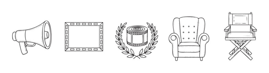 Obraz premium Hand drawn collection of filmmaking and movie industry symbols including a megaphone film reel director chair and armchair perfect for entertainment themed marketing materials and