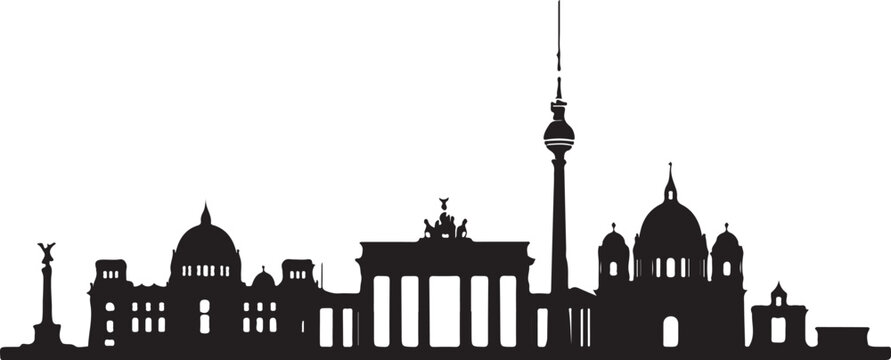 Silhouette of berlin city skyline with famous landmarks and monuments in one panoramic view