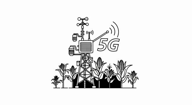 Tower with antennas broadcasts 5G signal over cornfield