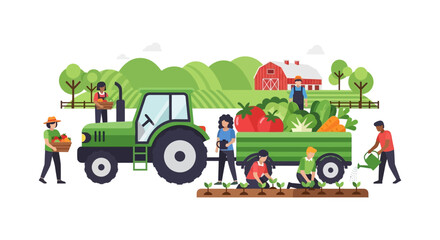 Team of Diverse People Working on the Farm, Harvesting and Planting Vegetables with a Tractor. Agriculture Vector Concept.