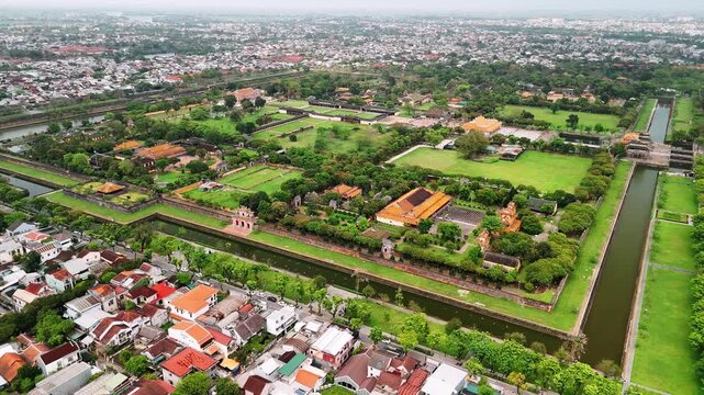 Aerial view of hue imperial city, the citadel of the nguyen dynasty in vietnam with the forbidden purple city, a unesco world heritage site