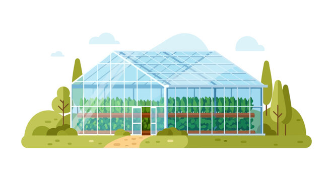 Modern Commercial Greenhouse Building. Flat Vector Illustration of Hydroponic Farm or Hothouse for Agriculture, Isolated on White Background.