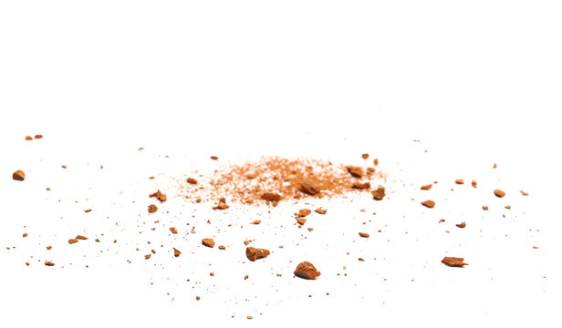 Crushed and broken red brick, dust scattered flying, explosion isolated on white background, side view, clipping path, design element