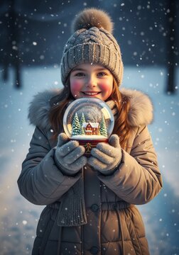 Girl Holding Snow Globe in Snowy Field Wearing Winter Clothing