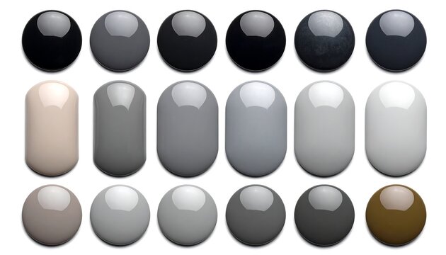 21 oval and sphere buttons showing a gradient of shades of gray and brown, from black to white