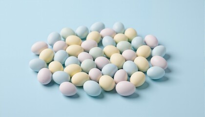 easter mini eggs in light pastel colors scattered on a pale blue background
