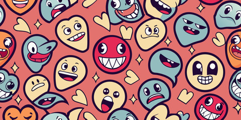 Fototapeta premium Vibrant cartoon emojis with happy and playful expressions on coral background for backdrop design, emotion background