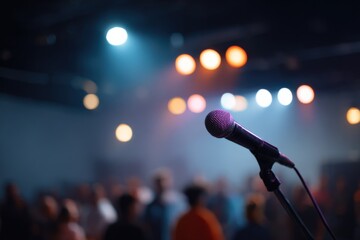 Obraz premium Close-up microphone on stage with colorful lighting before audience