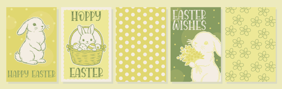 Easter Greeting Card Set with Cute Bunny, Basket, Flowers and Seamless Pattern, Pastel Spring Holiday Collection
