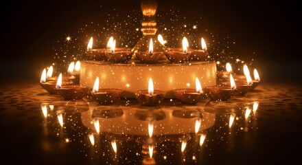 Obraz premium Glowing Oil Lamps with Sparkles Celebration on Dark Reflective