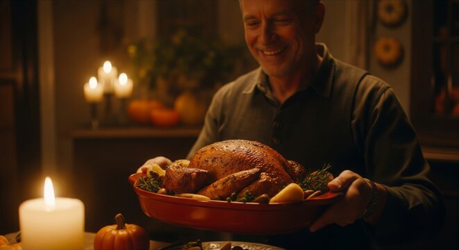 Smiling Man Presenting Roasted Turkey with Candlelight in Warm