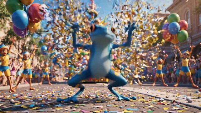 Animated Blue Amphibian Character Dancing in Festive Street Parade Surrounded by Confetti and Balloons