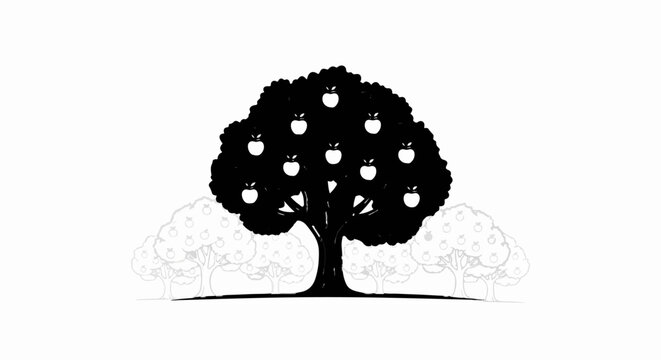 Silhouette of a bountiful apple tree with surrounding trees