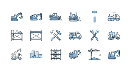 A comprehensive set of construction and industrial equipment, tools, and urban building elements rendered in a clean, blue-toned vector icon style. © Rayi