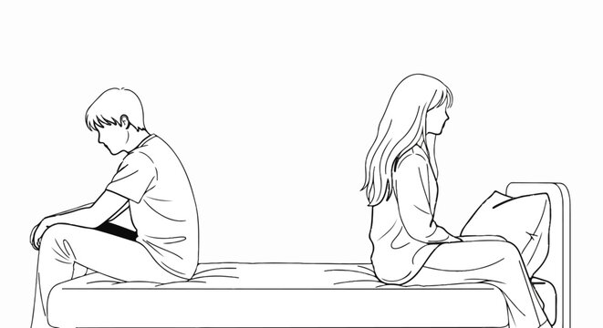 Two figures sit apart on a bed, facing away from each other