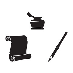 Obraz premium Antique Writing Tools Inkwell Scroll and Bamboo Pen Silhouette Set