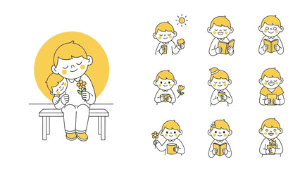 A collection of hand-drawn illustrations depicting a young boy engaged in various activities, showcasing different emotions and actions.
