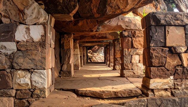 A stone corridor, crafted from large blocks, offers a view to the outside world framed by pillars and a natural rock ceiling
