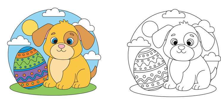 Cute cartoon puppy with decorated Easter egg coloring page. Colored illustration and black and white line art vector for kids.