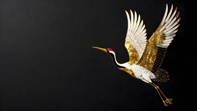 Luxury Gold Foil Japanese Crane in Flight Lacquerware Style Illustration
