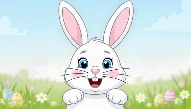 Easter bunny face, cartoon head rabbit, cute character hare, funny white animal with ears, paw and whisker. Spring vector illustration
