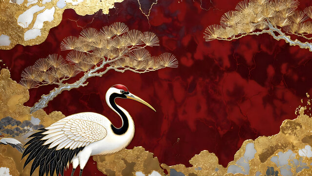 Luxury Gold Foil Japanese Crane and Pine New Year Lacquerware Style Illustration