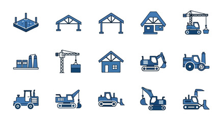 A vector illustration featuring a set of fifteen stylized blue icons depicting various construction machinery and building structures. © Rayi