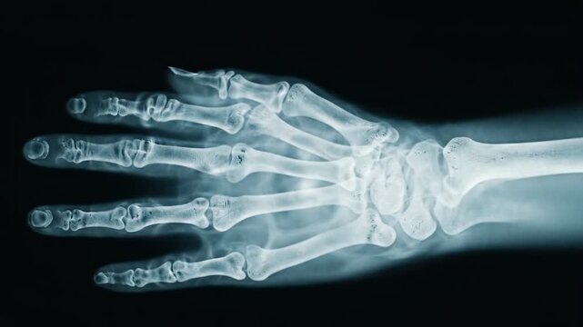 Medical X-ray image of a human hand showing bones and joints.