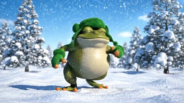 Cheerful Animated Frog Character Wearing Winter Hat Dancing Happily in Snowy Forest Landscape Scene