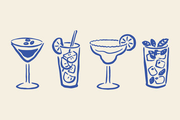 Cocktail drinks set naive outline sketch vector illustration
