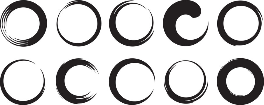 Ten black and white circular shapes with varying line thicknesses and styles circle
