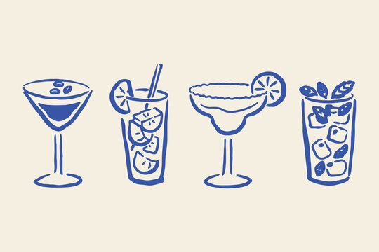 Cocktail drinks set naive outline sketch vector illustration