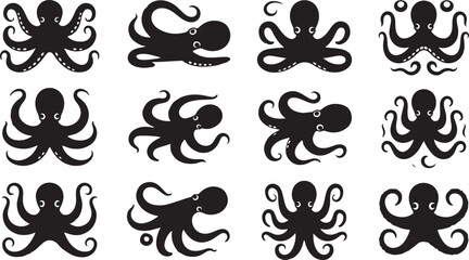Twelve black octopus arranged in a grid pattern on a white background © KDP Coloring Pages