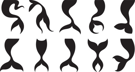 Various black silhouettes of mermaid tails in different styles and shapes white © KDP Coloring Pages