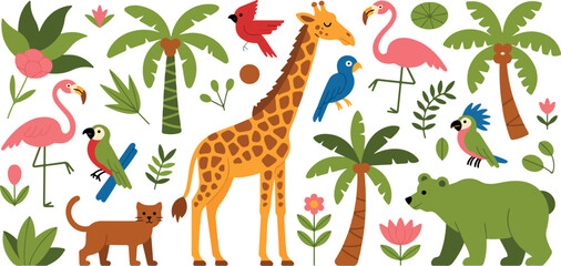 Obraz premium Adorable tropical jungle animal vector collection featuring giraffe, flamingo, birds, bear, palm trees, and playful nature icons