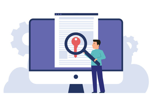 Keyword search. Seo, guy chooses relevant words with magnifying glass, popular tags, web document with key icon, content analysis and optimization in digital content
