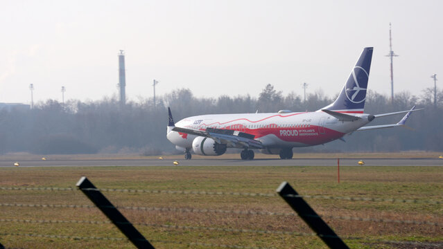 LOT passenger airplane Boeing 737 MAX 8 SP-LVD Independence Livery landing at Swiss Z&uuml;rich Airport on a sunny winter day. Photo taken March 5th, 2026, Zurich Airport, Switzerland.