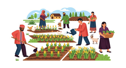 Fototapeta premium Diverse Farmers Working Together on Sustainable Community Farm, Cultivating Crops (Corn, Wheat) and Tending Livestock.