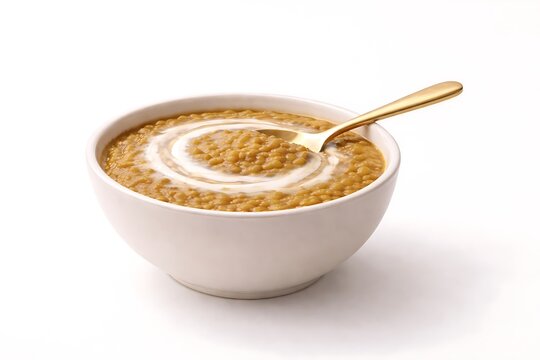 Premium Indonesian Bubur Kacang Hijau with Coconut Milk, Gold Spoon Scooping Sweet Mung Bean Porridge Dessert on Minimalist White Background, Luxury Asian Culinary Illustration