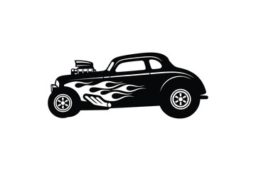 Classic black and white hot rod muscle car silhouette - Vintage custom hot rod with flames vector illustration